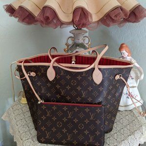 Louis Vuitton brown monogram MM Neverful Red Handbag with cards & receipt